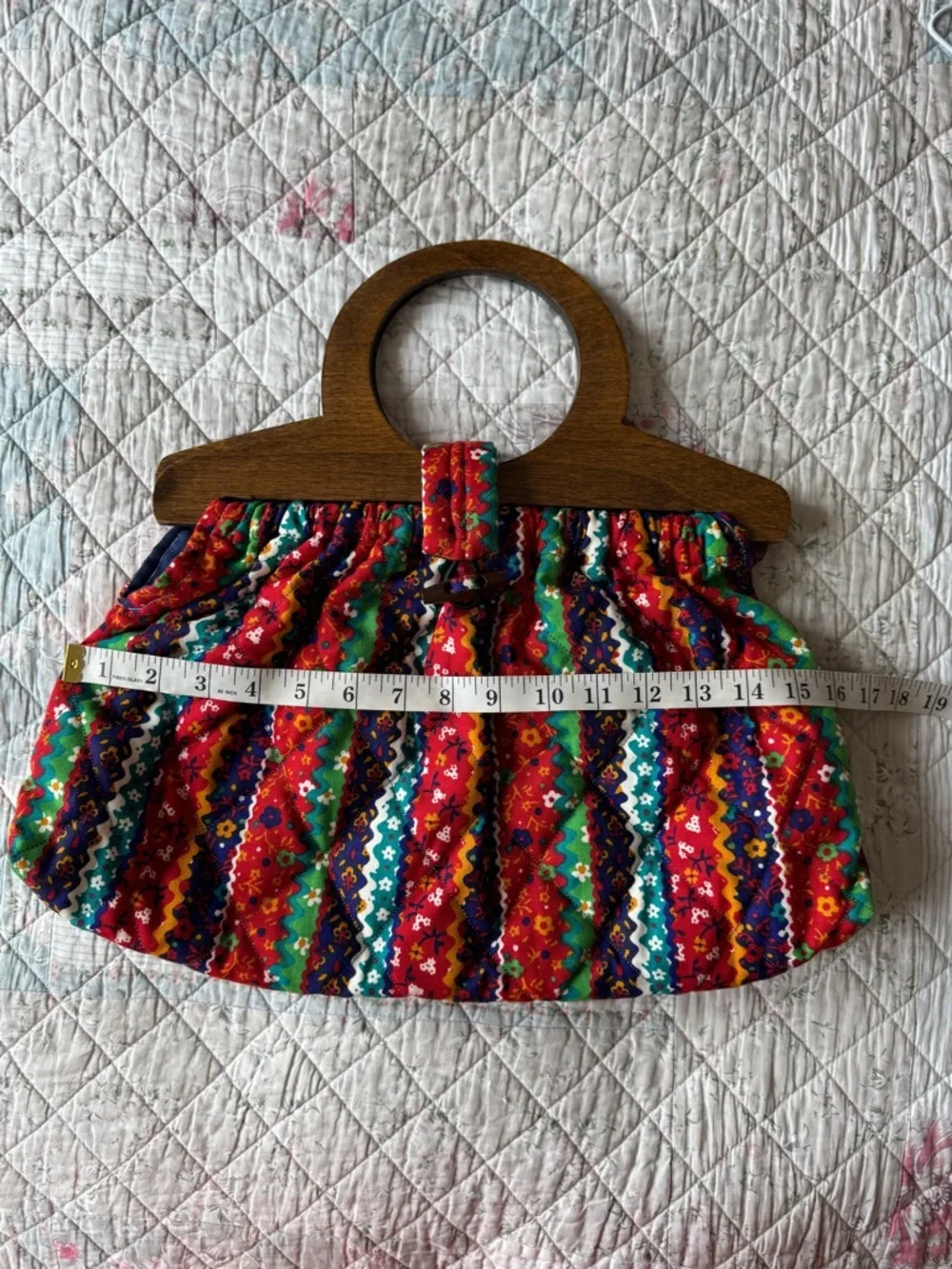 Vintage Boho Folk Print Wooden Handle Bag Cottagecore Festival Summer Purse - Picture 7 of 9
